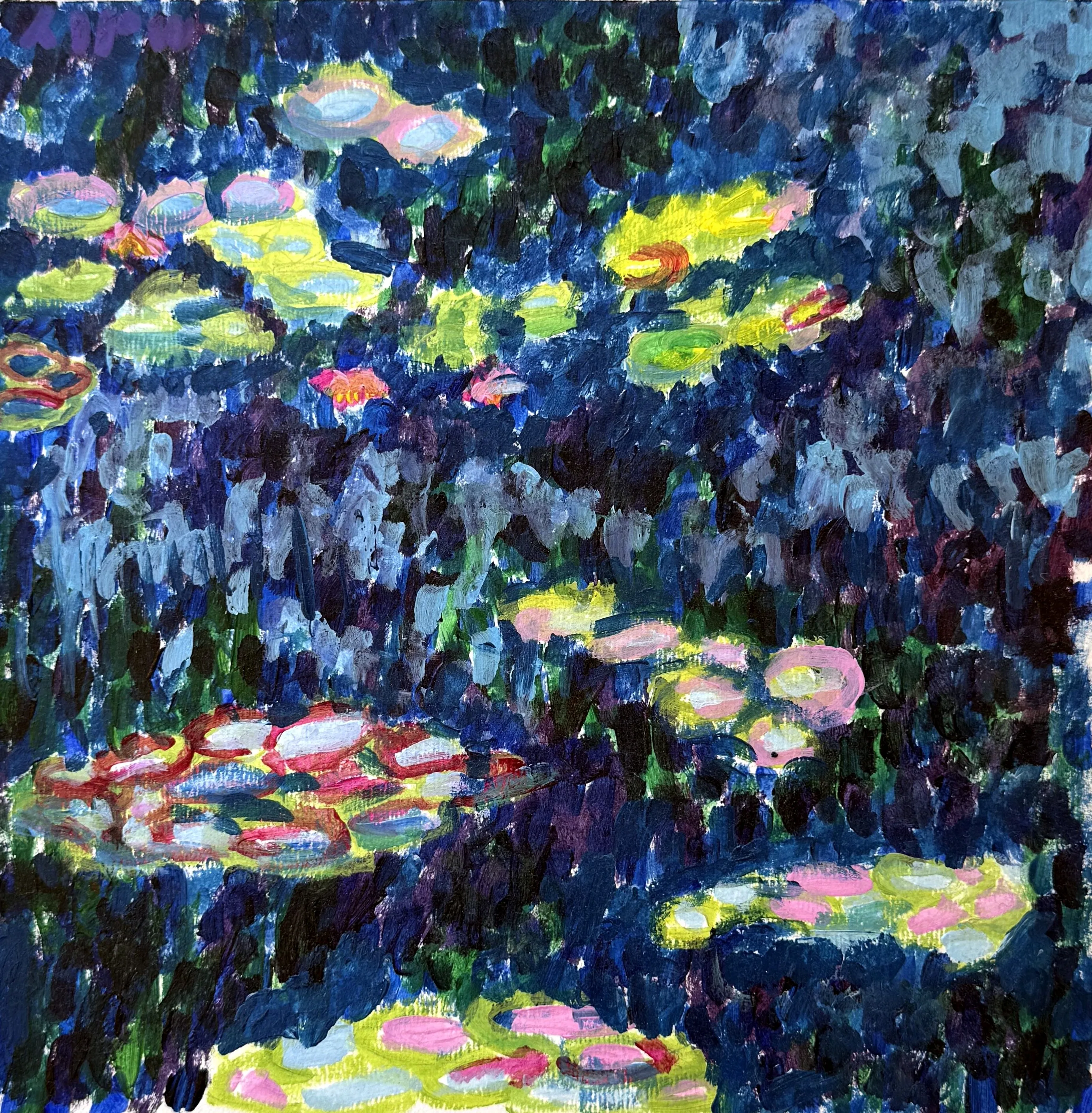 A vivid impressionist-style painting of a water lily pond with pink and yellow blooms floating on deep blue water, inspired by Monet.