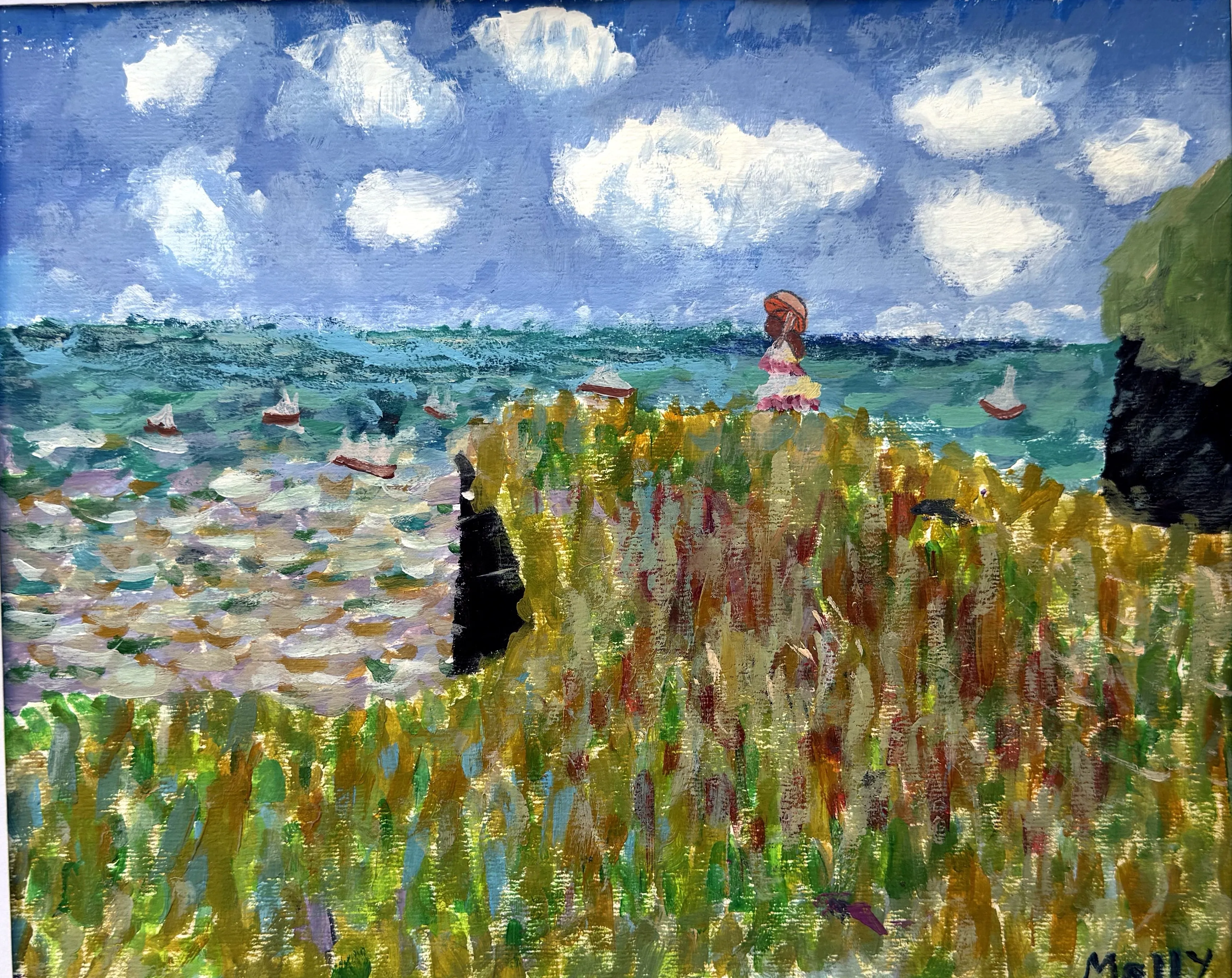 An impressionist-style painting of two figures standing on a grassy clifftop overlooking a choppy sea with sailing boats and a cloudy sky.