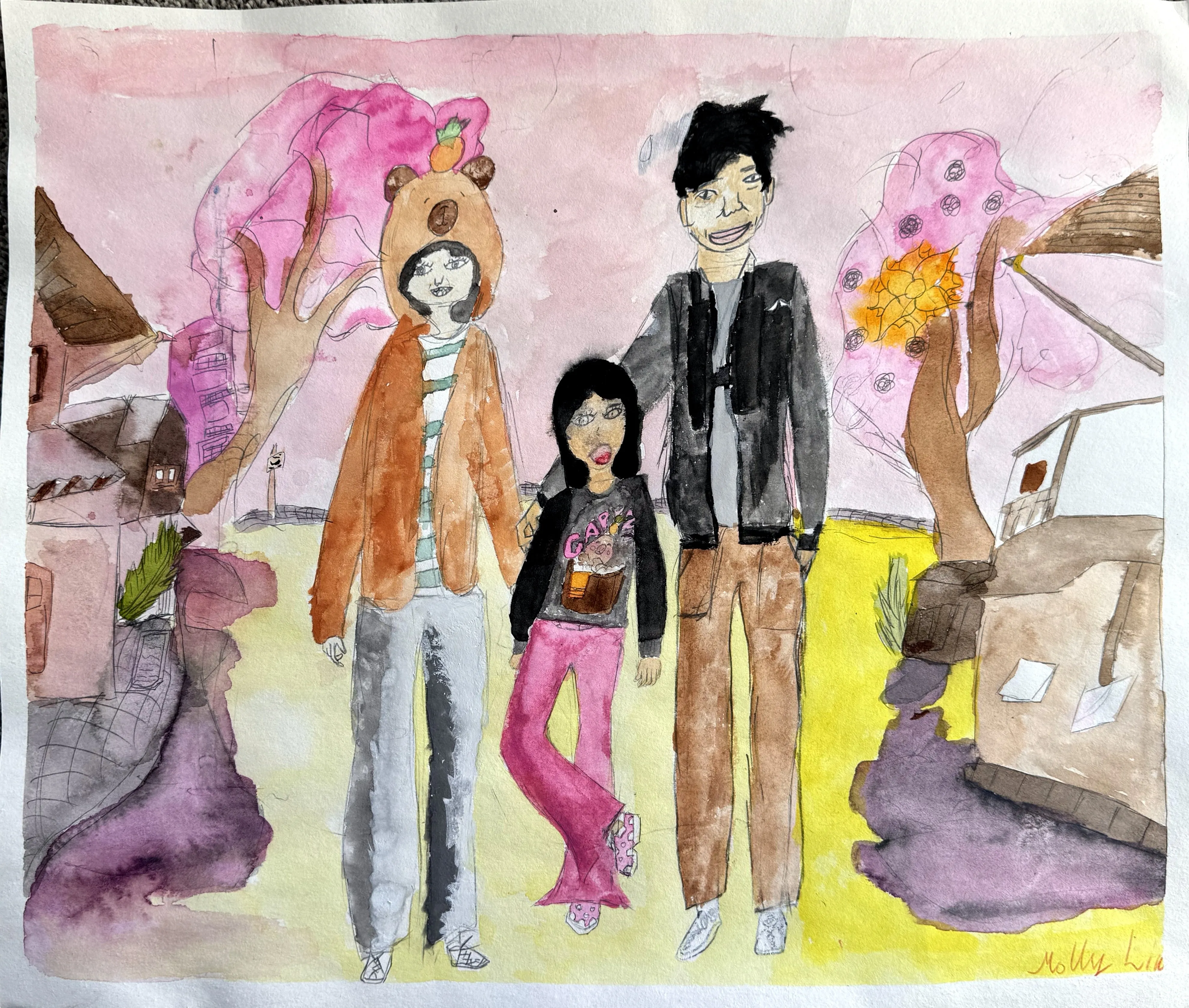 A watercolour painting of three figures — one wearing a capybara costume hoodie, one smaller child in pink flares, and one taller figure in a dark jacket — standing together outdoors among pink trees and buildings, signed by the artist.