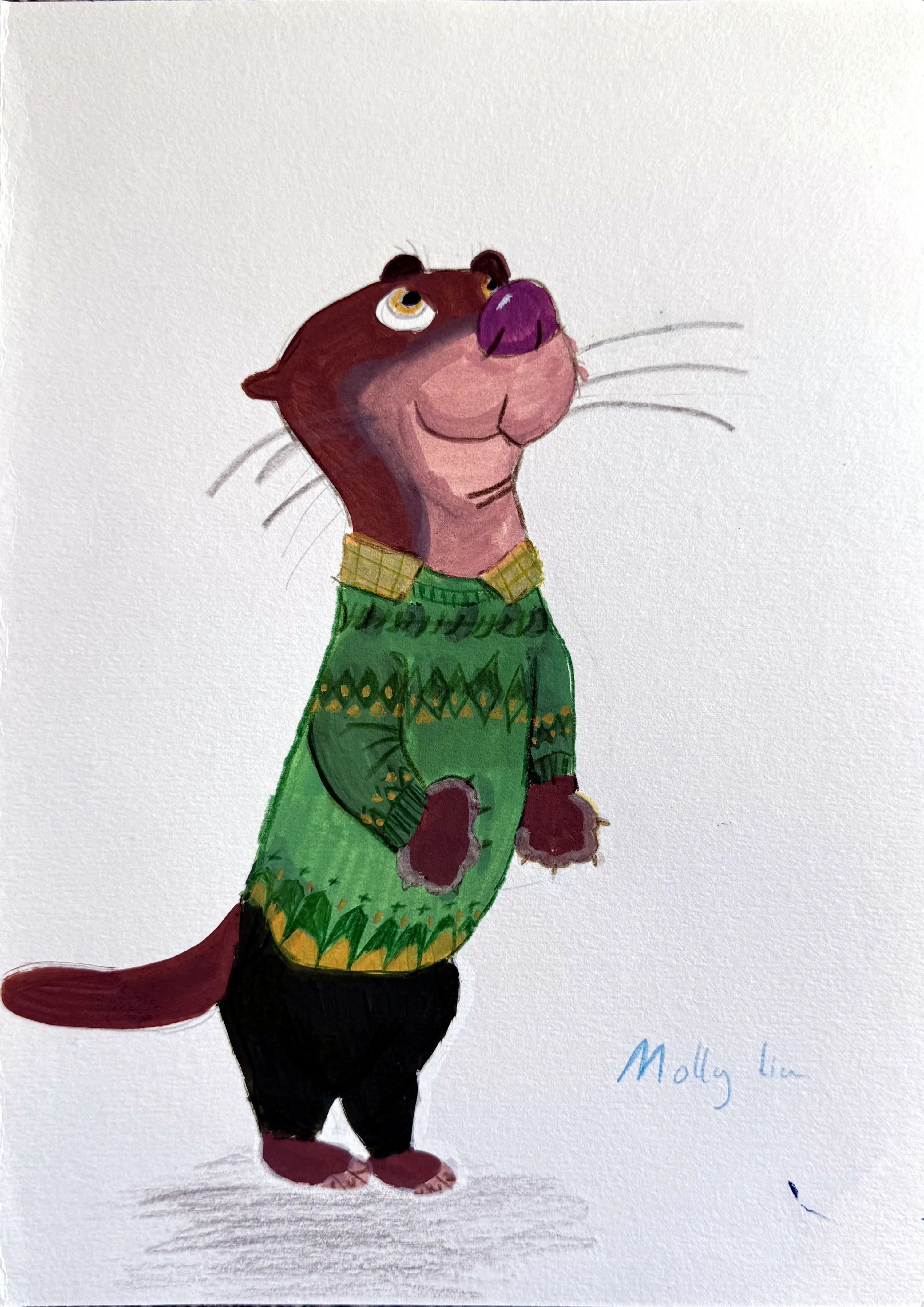 A painted illustration of an anthropomorphic otter character standing upright and wearing a green patterned sweater and black trousers, looking upward with a smile, signed by the artist Molly Liu.