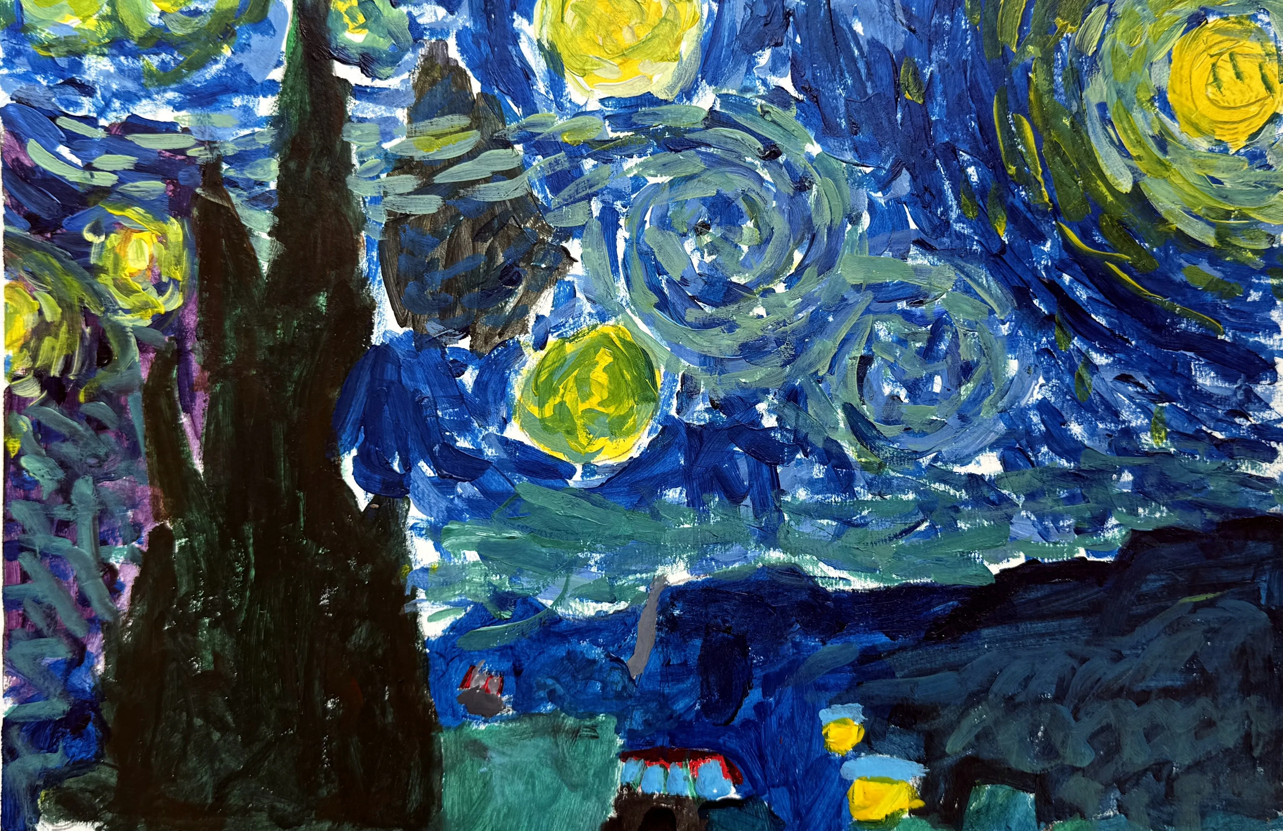 A hand-painted recreation of Van Gogh's Starry Night featuring swirling blue skies, yellow celestial orbs, a dark cypress tree, and a small village below.