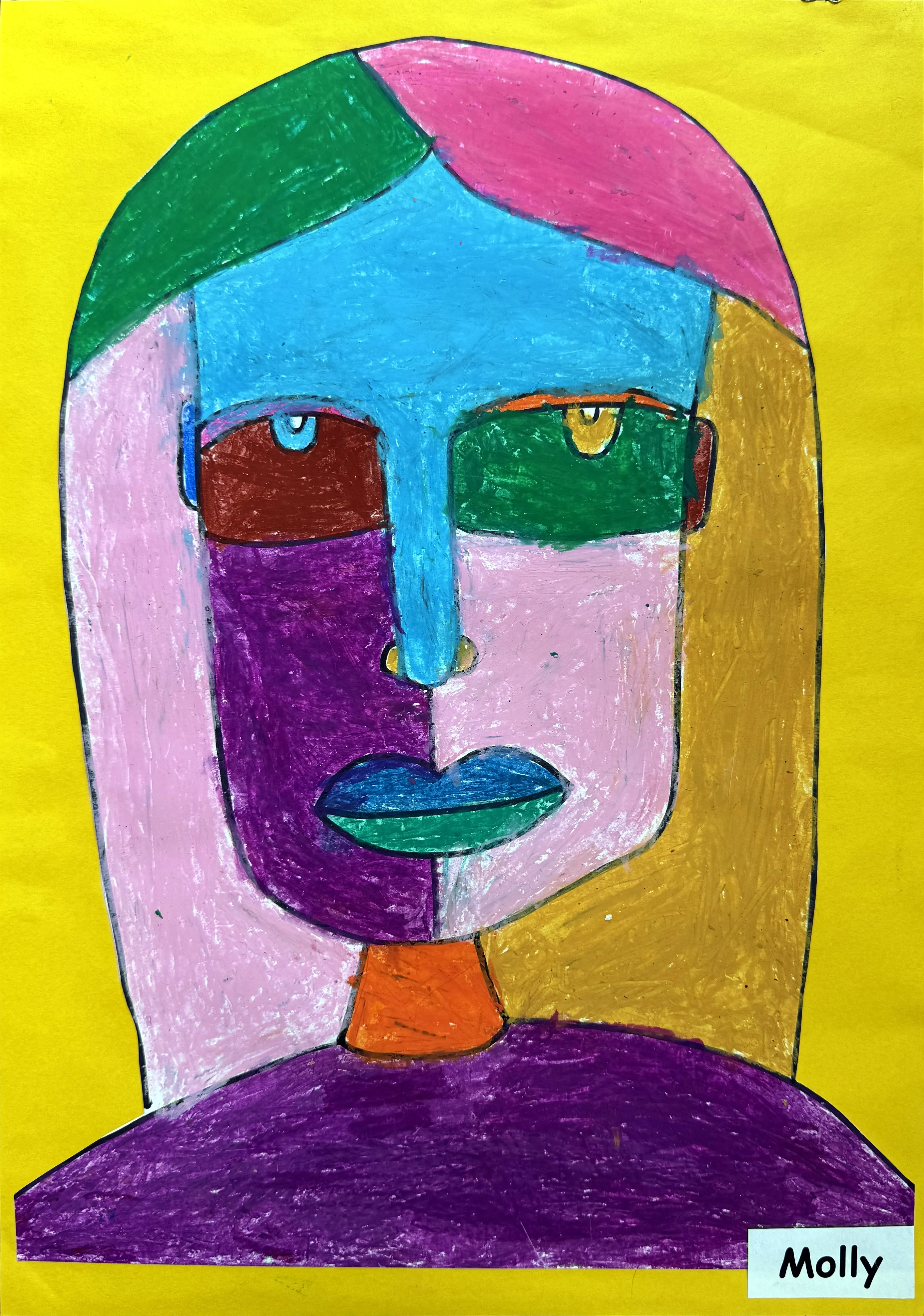 A boldly coloured cubist-style portrait with asymmetric facial features divided into geometric sections of blue, pink, green, purple and gold, signed Molly.