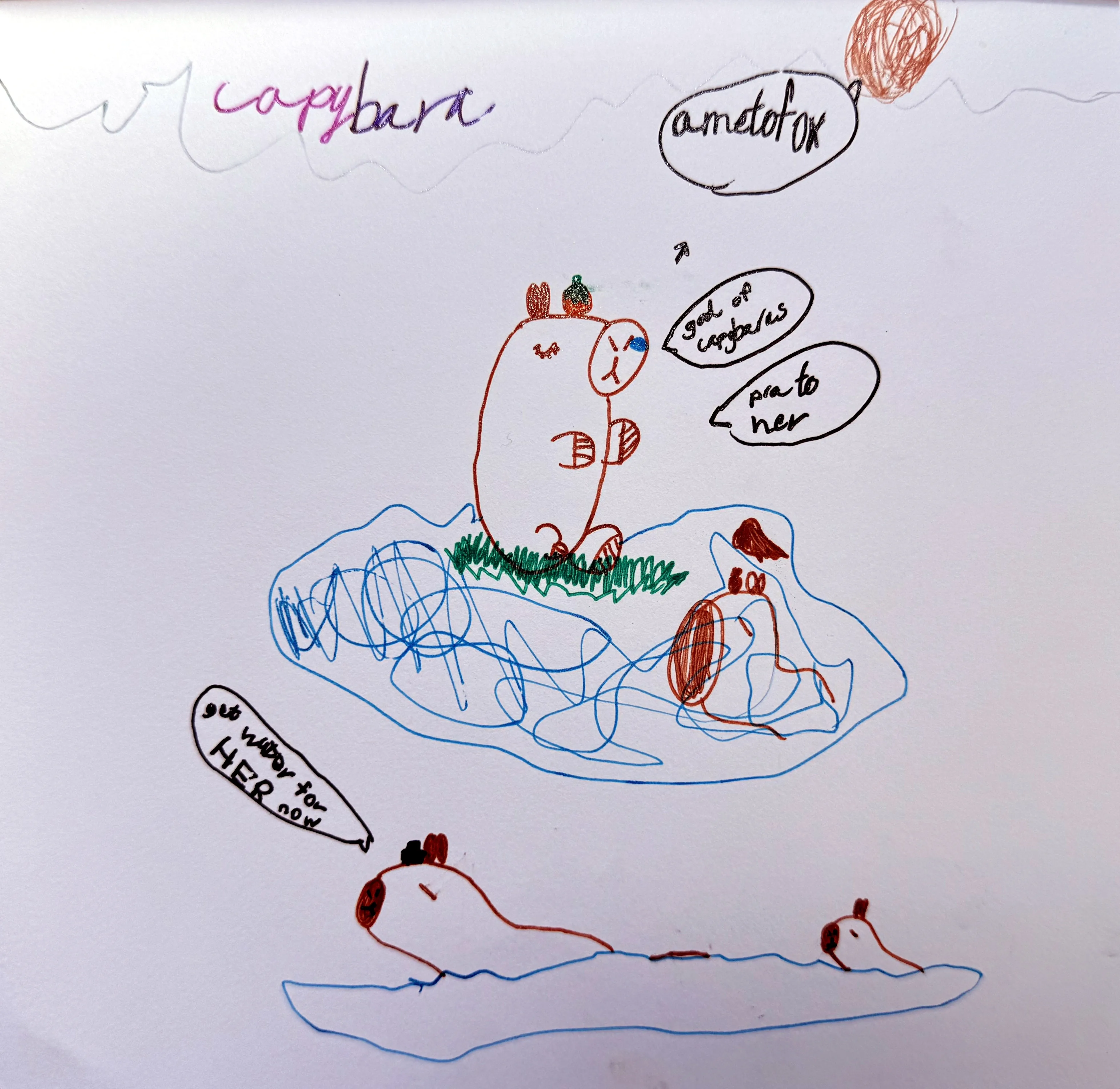 A whimsical child-like doodle of capybaras with speech bubbles labelling one as the 'god of capybaras' and others reacting with comic captions