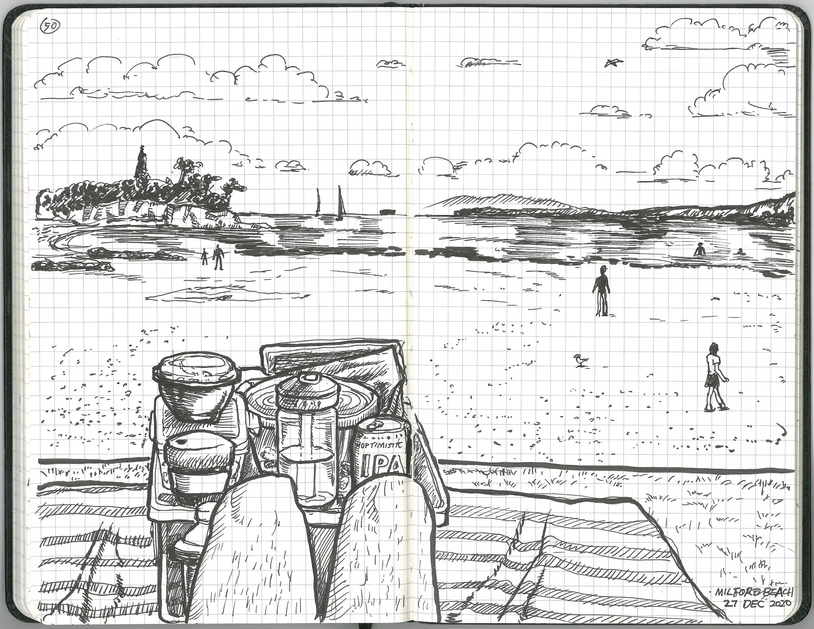 A pen sketch of Milford Beach viewed from the shore, with binoculars and IPA beer cans in the foreground, sailboats on the water, and small figures on the sand.