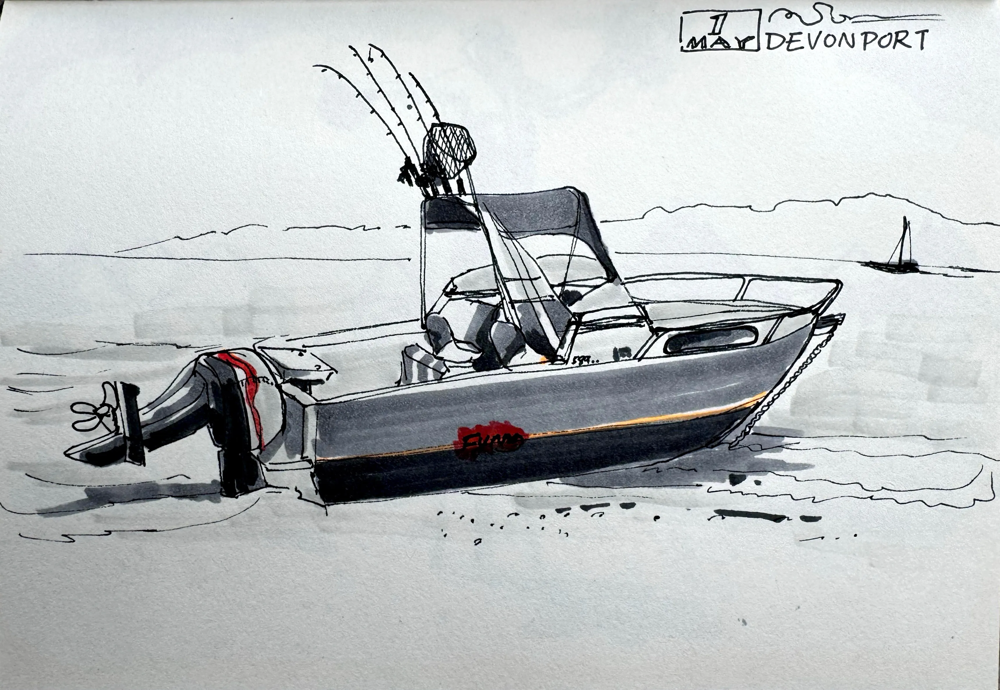 A detailed pen and wash sketch of a motor fishing boat with outboard engines and fishing rods, moored on calm water with a sailboat visible in the distance, labelled Devonport.