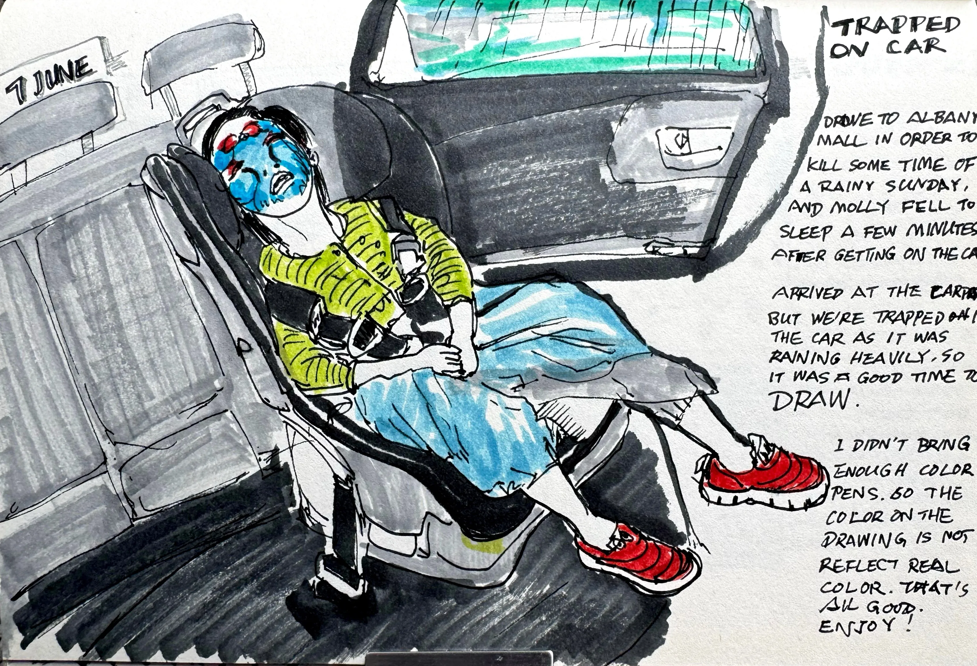 A child named Molly sleeping in a car seat, sketched while trapped in a car park during heavy rain, with handwritten journal notes describing the outing to Albany Mall.