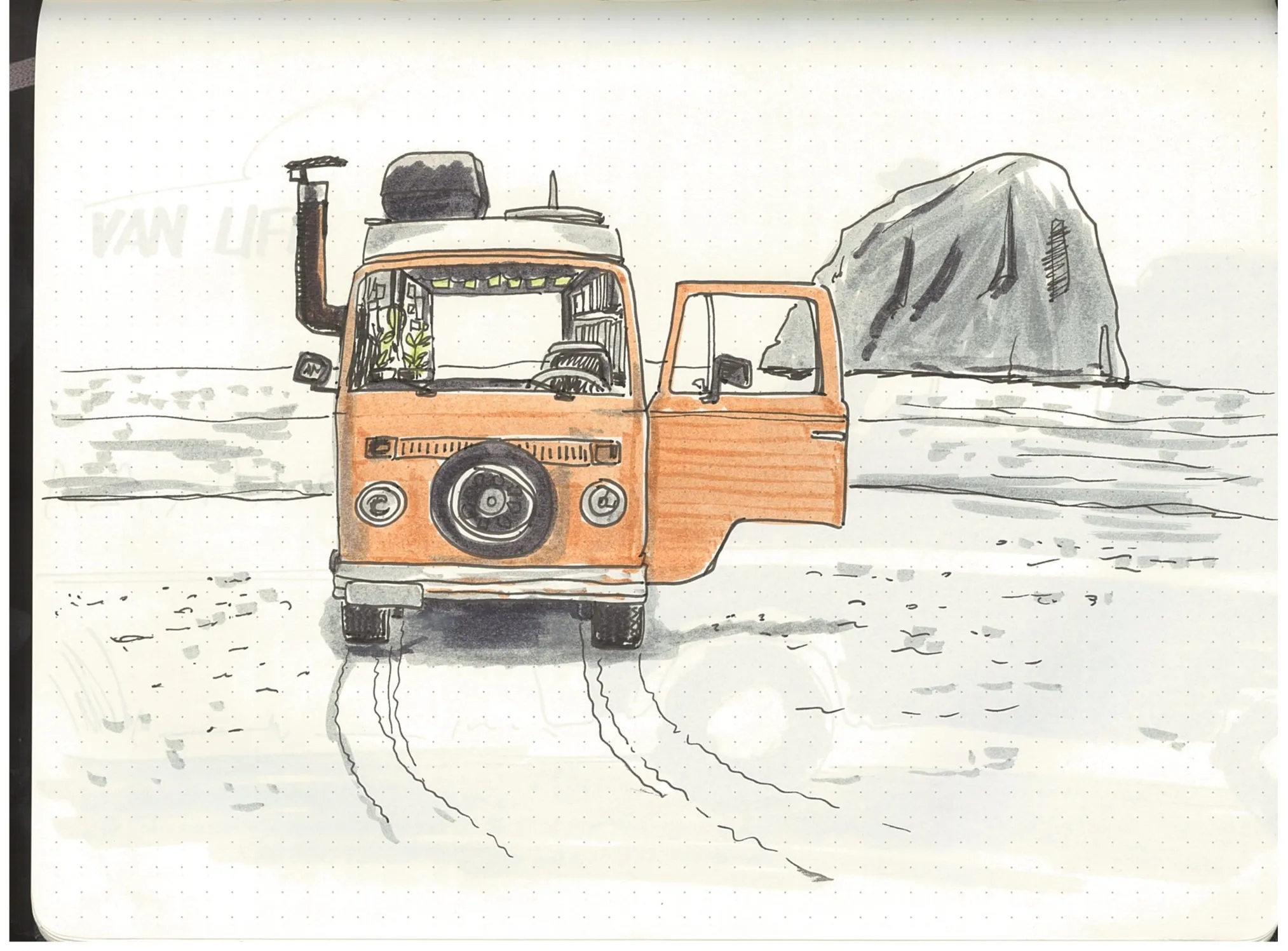 A front-facing sketch of an orange VW camper van with an open side door parked on a sandy beach, with a large rock formation visible in the background.