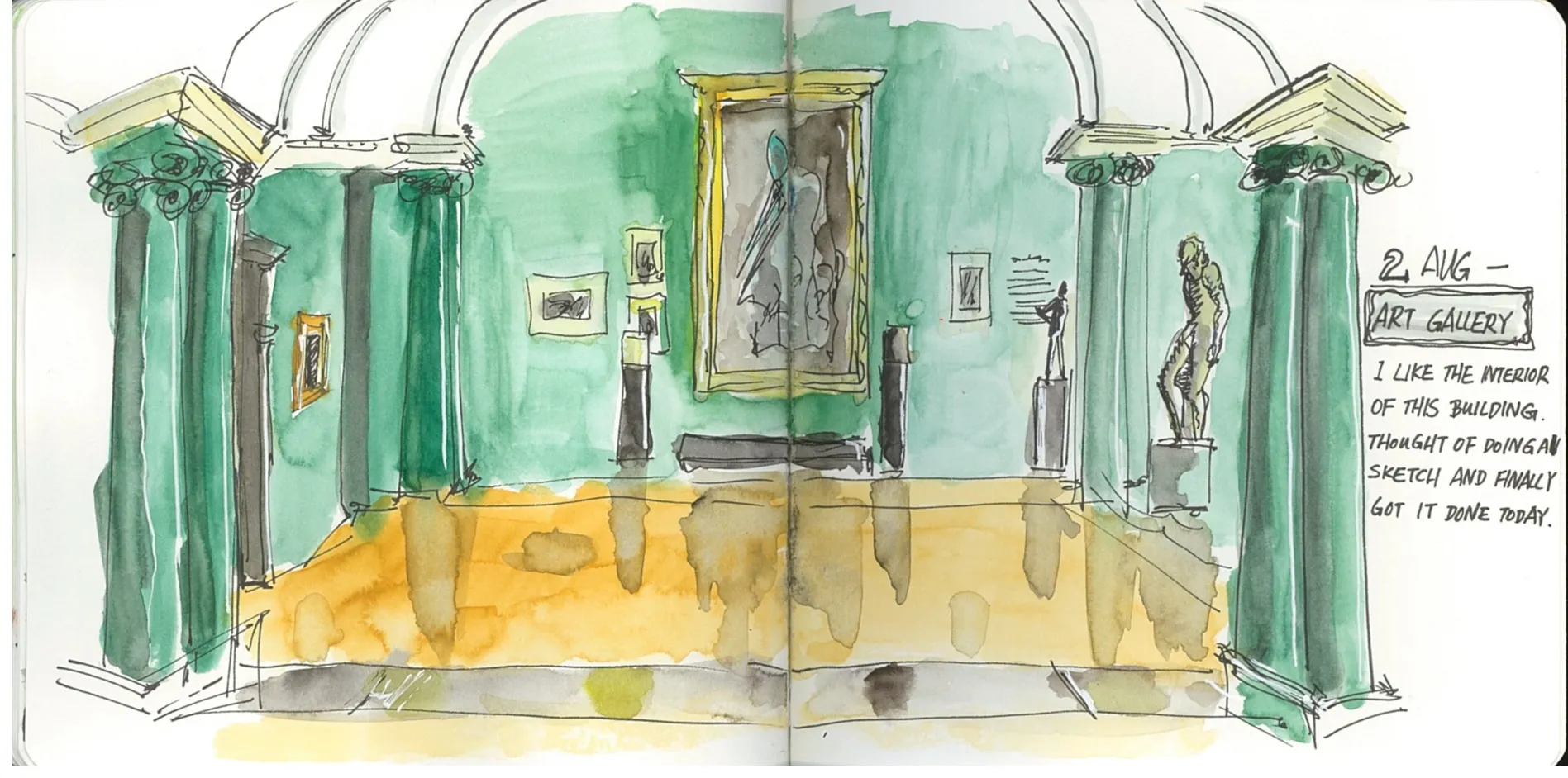 A pen and wash sketch of a grand art gallery interior with green walls, classical columns, framed paintings and sculptures, accompanied by handwritten notes dated 2 August.