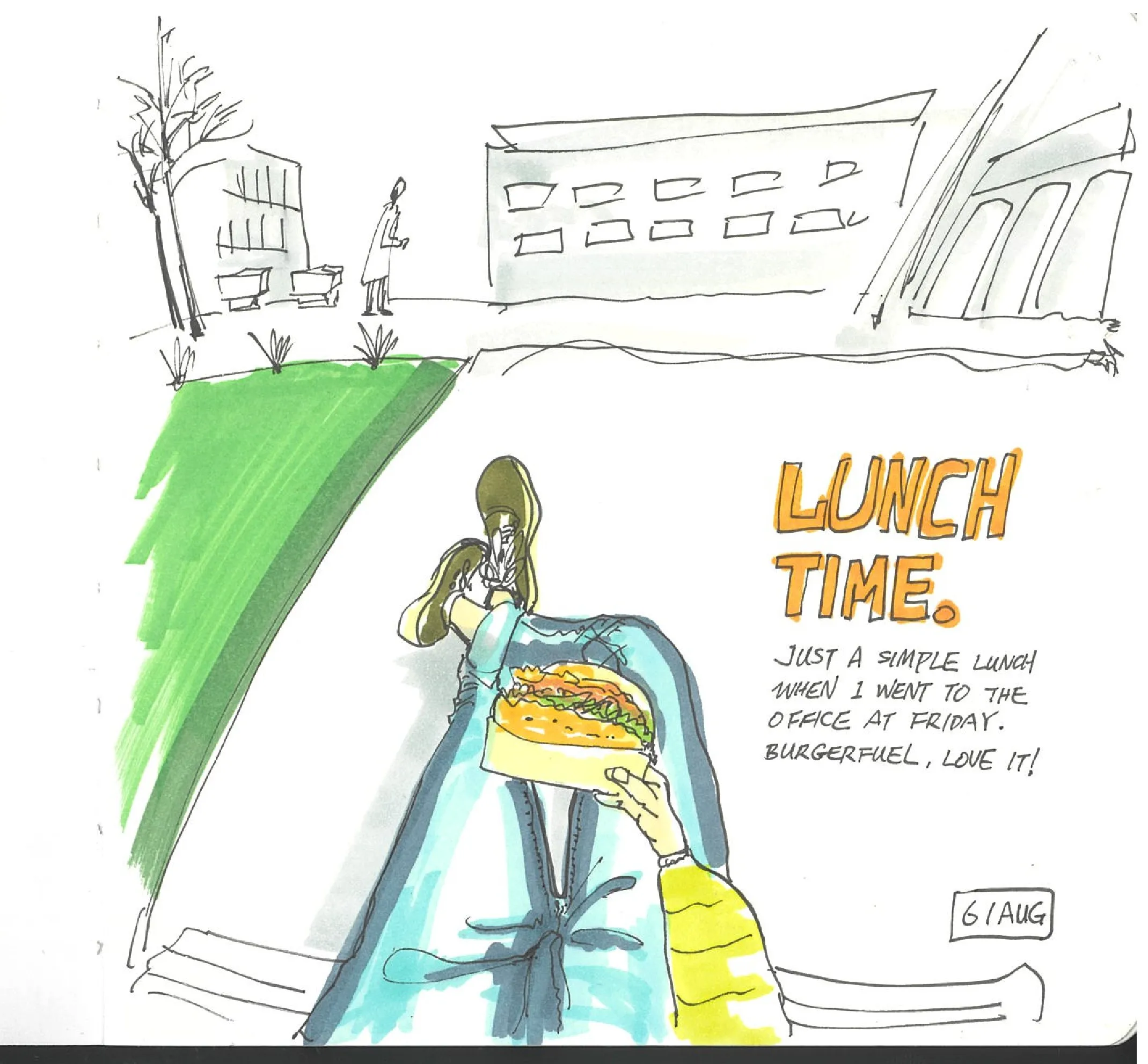 A first-person view sketch of a person sitting outdoors holding a BurgerFuel burger, with urban buildings and a green lawn in the background, accompanied by handwritten lunch notes dated 6 August.