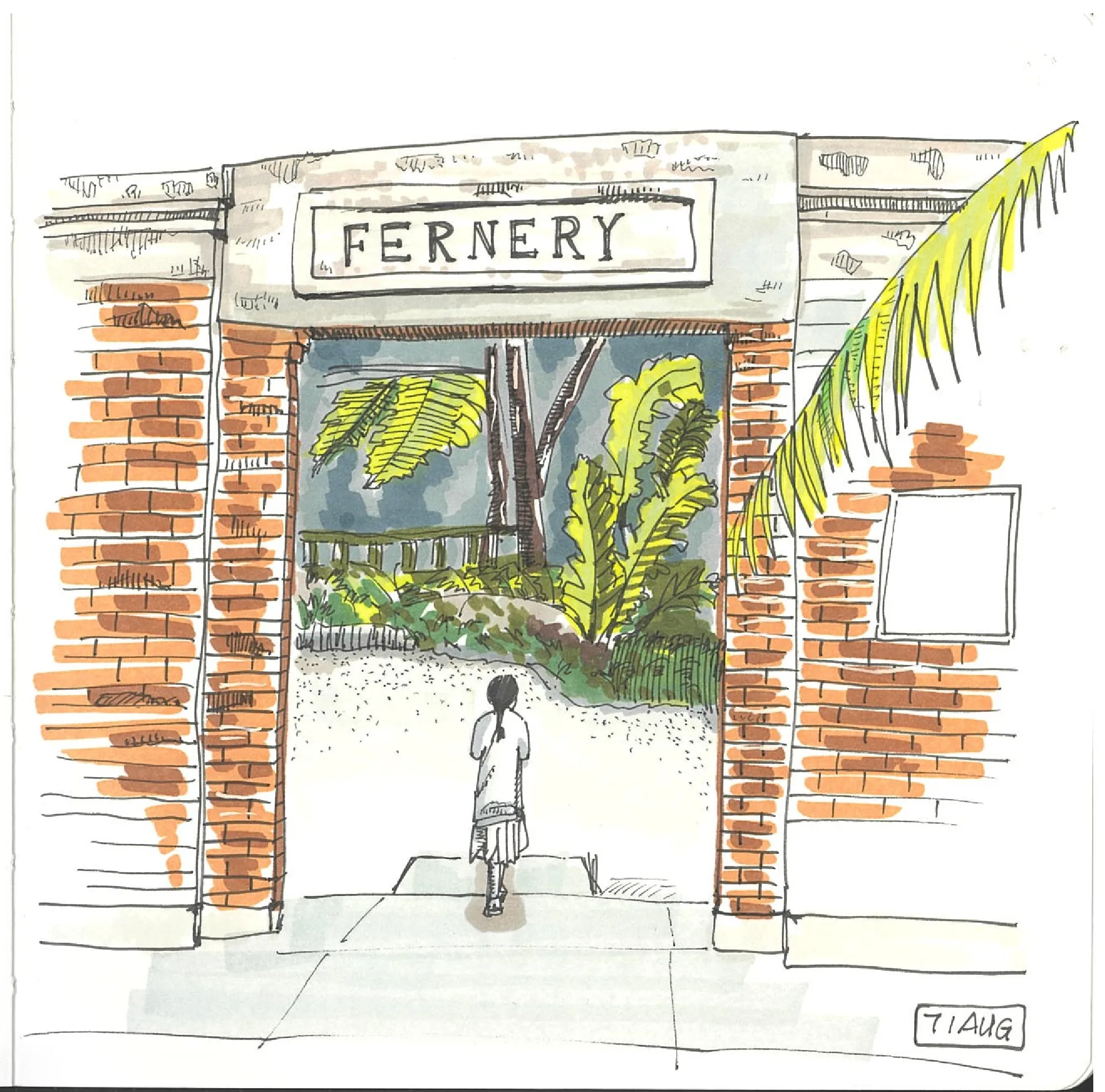 A lone figure stands at the entrance of a brick-walled fernery, looking in at lush tropical ferns and foliage.