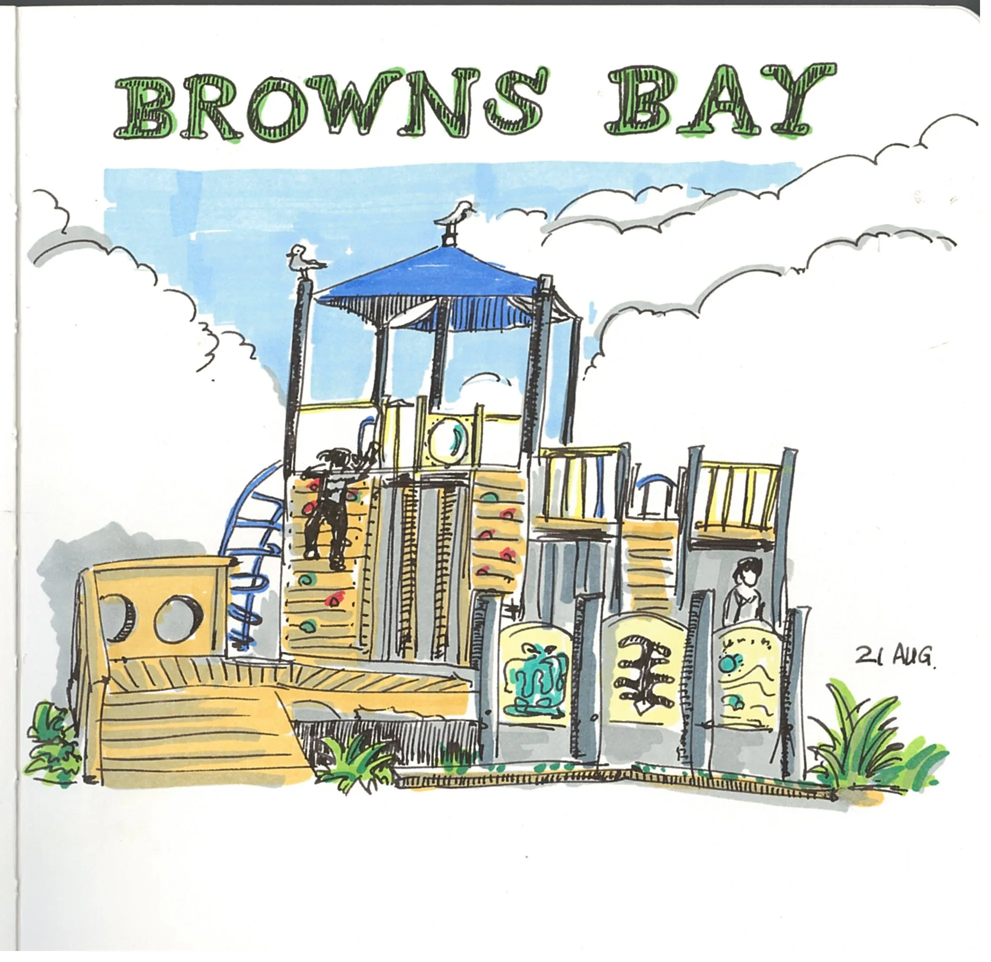 A colourful sketch of a large children's playground structure at Browns Bay, featuring climbing walls, a blue canopy, slides, and decorative panels, with two children visible and seagulls perched on poles.