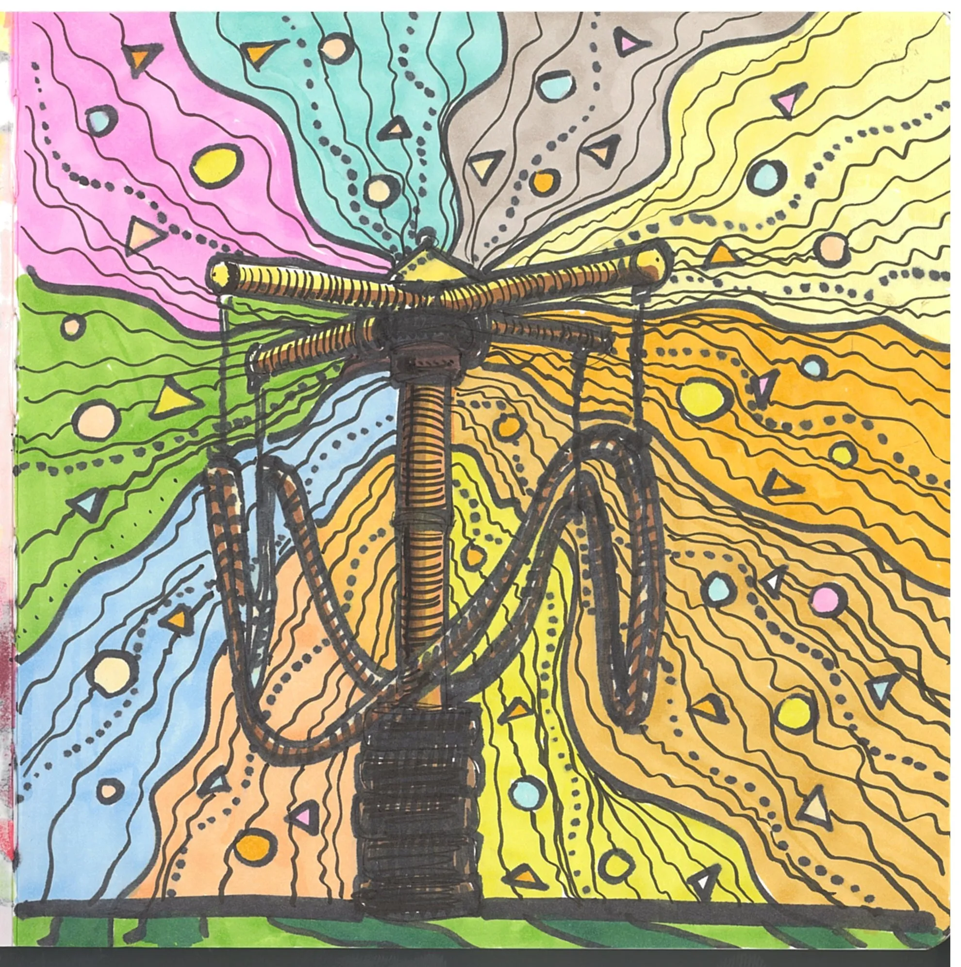 A detailed pen and wash drawing of a utility pole or bridge tower with cables, set against a vibrant psychedelic background of wavy lines, dots, and geometric shapes in multiple colours.