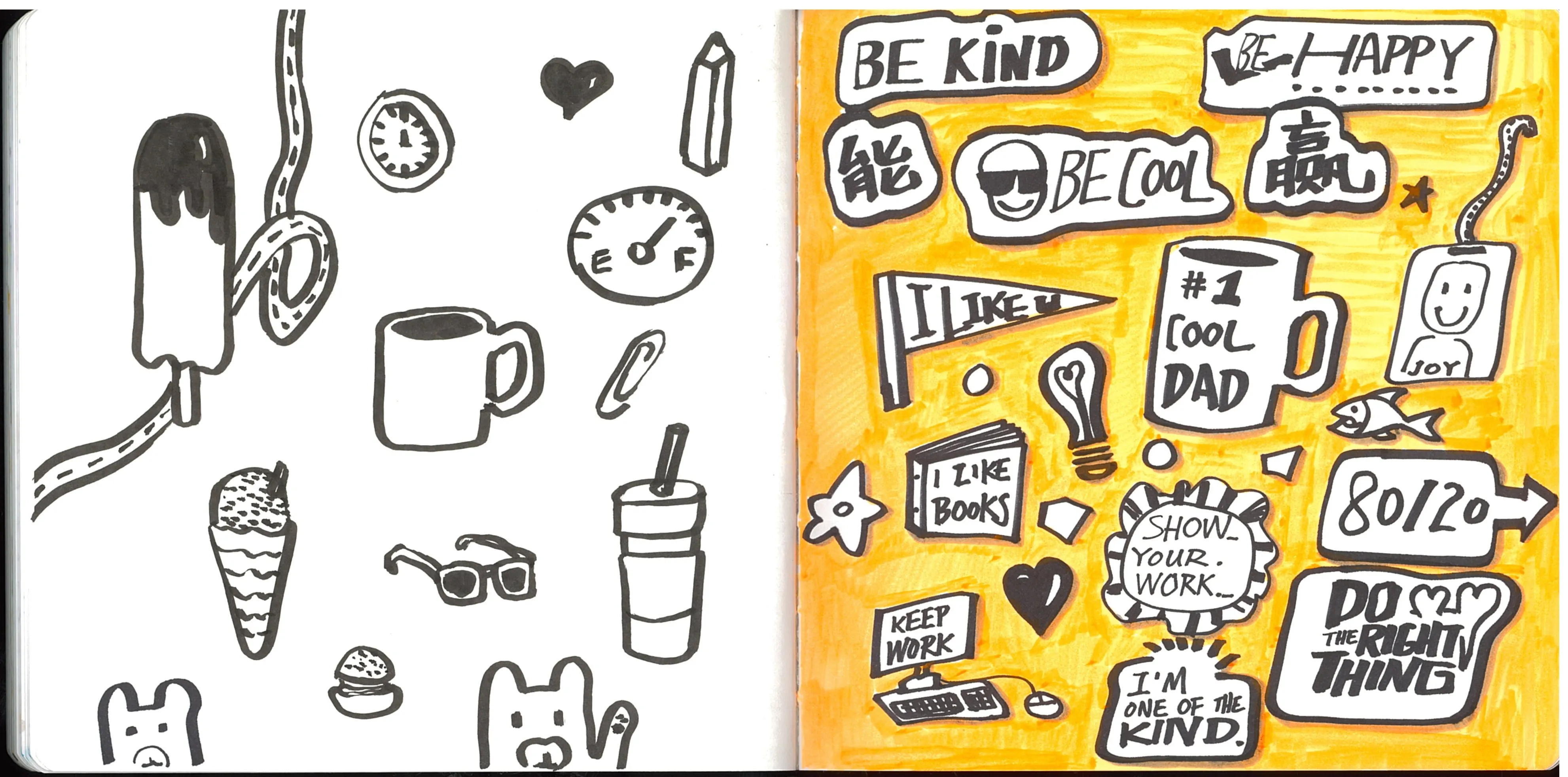 A two-page sketchbook spread featuring black ink doodles of everyday objects on the left and a vibrant yellow-painted sketchnote page on the right filled with motivational phrases and illustrated icons.