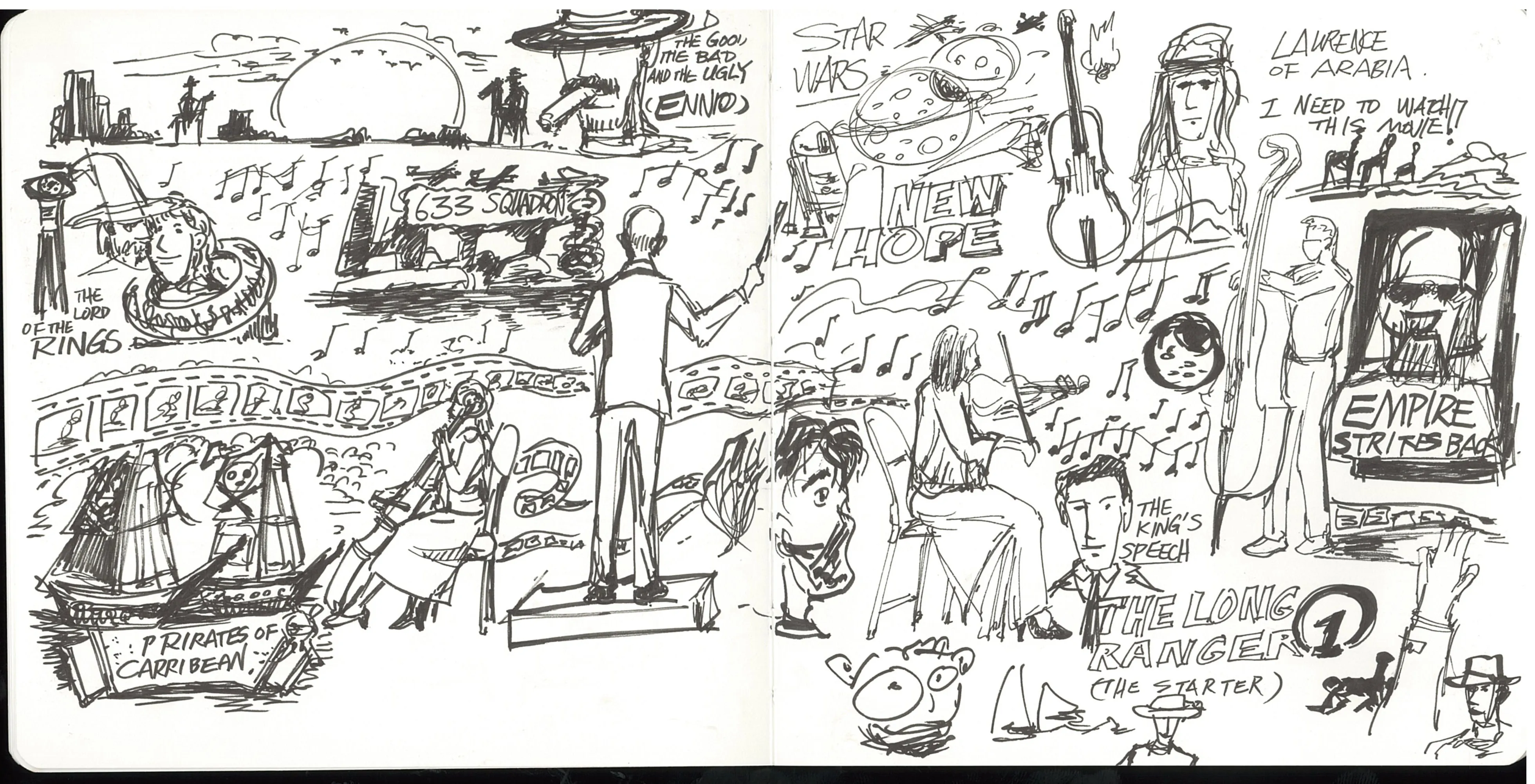 A dense sketchnote spread referencing famous film scores and movies, including Star Wars, Pirates of the Caribbean, Lord of the Rings, and others, with musical notes, characters, and instruments throughout.