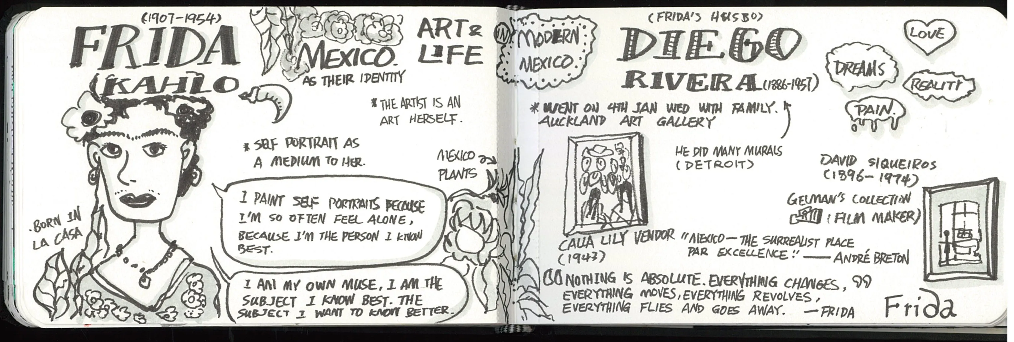A detailed sketchnote spread about Frida Kahlo and Diego Rivera featuring a portrait illustration, quotes, biographical notes, and references to their art and Mexican identity