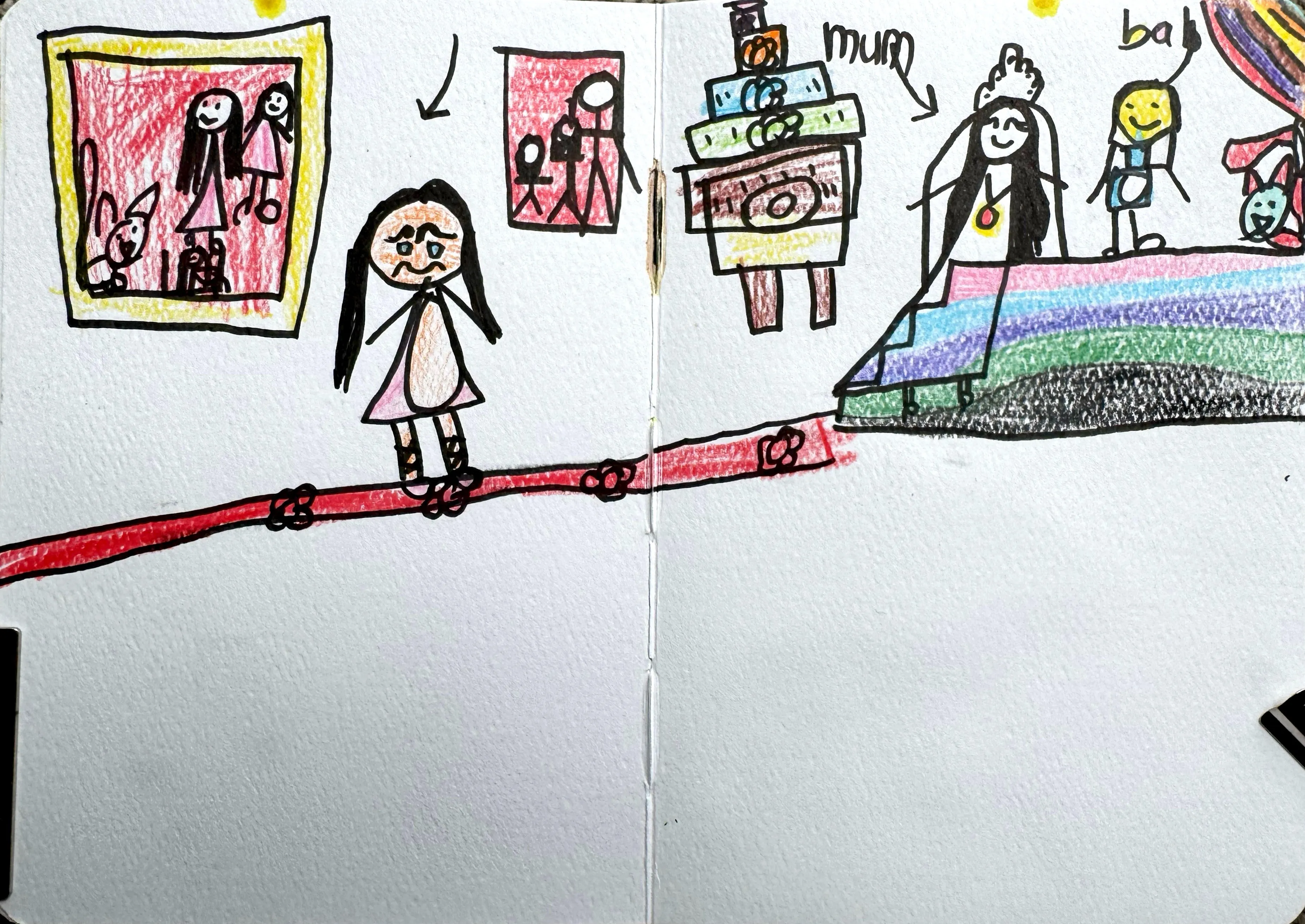 A child's colourful drawing depicting a sad girl standing on a red carpet path, with framed pictures on the wall, a gift-laden table, and labelled figures of 'mum' and 'baby' celebrating near a rainbow staircase.