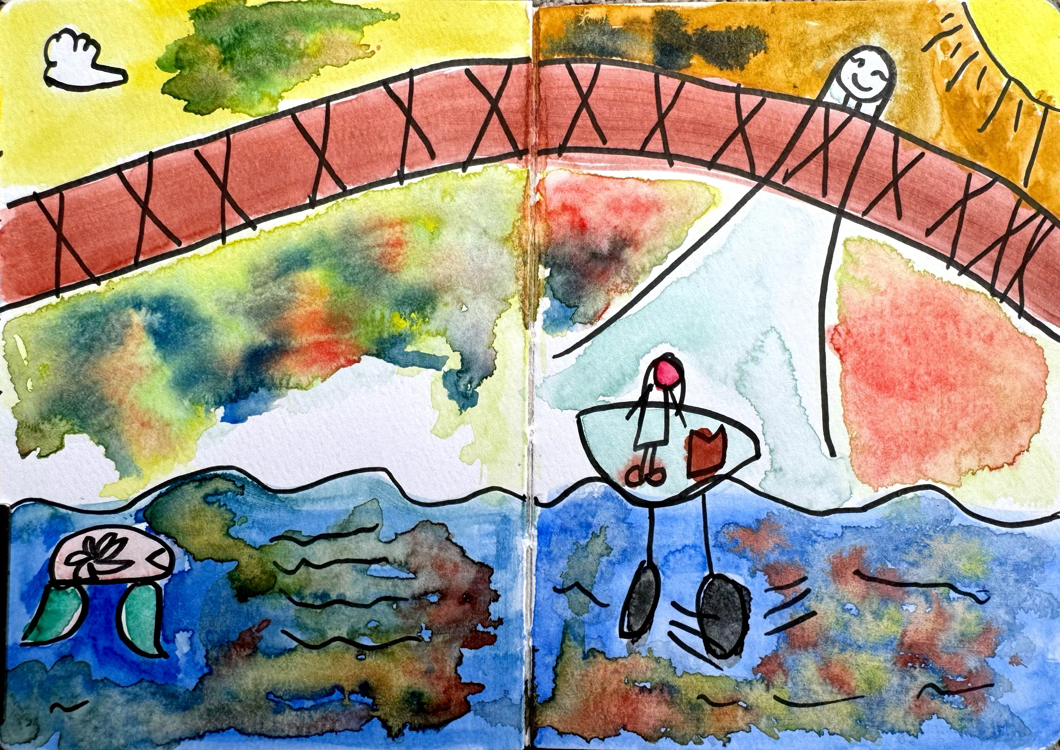 A colourful pen and wash spread showing a red arched bridge over a river, with a stick figure in a small boat below and another figure leaning over the bridge railing, surrounded by trees and watercolour washes.