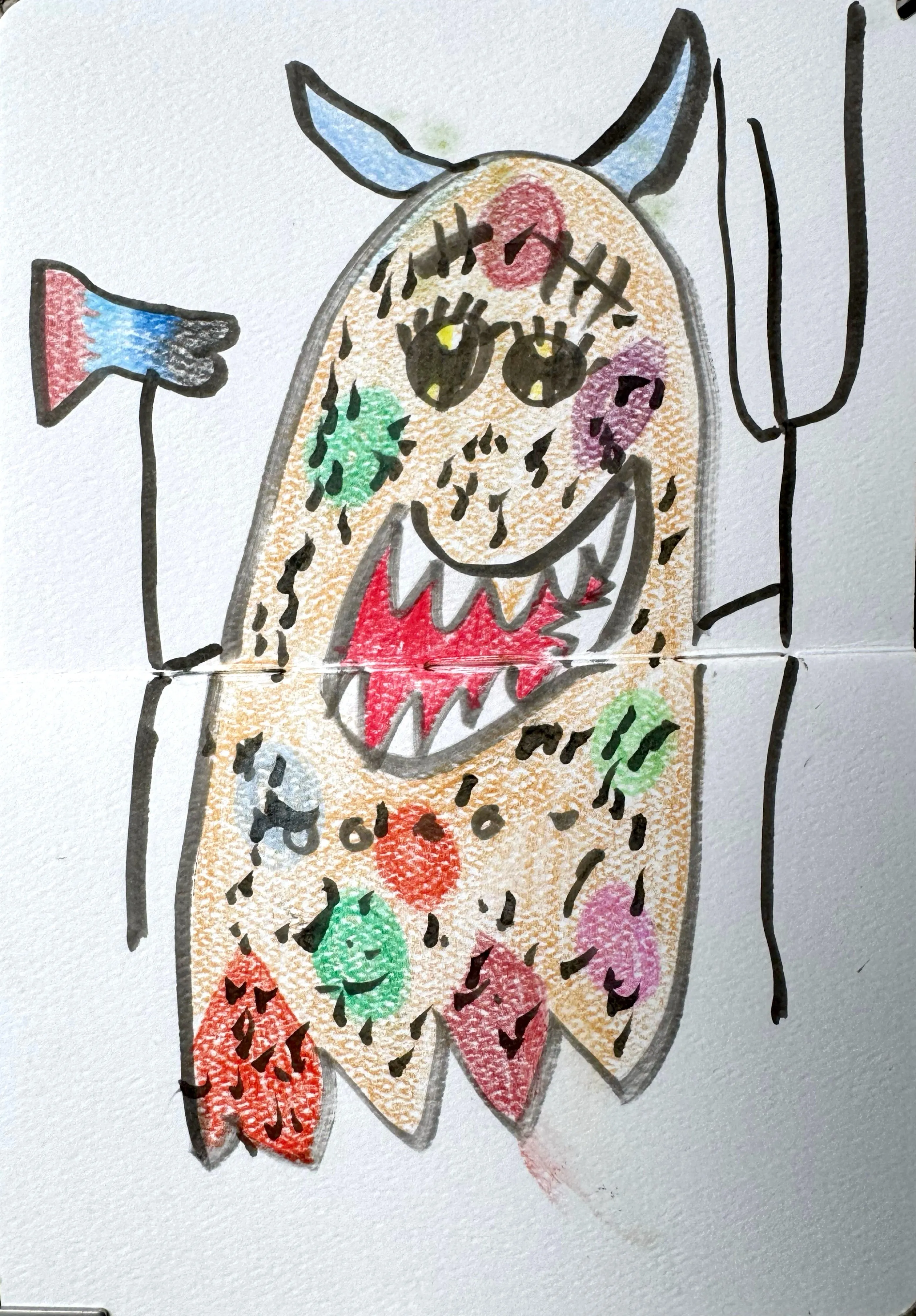A colourful hand-drawn monster with blue horns, a wide toothy grin, one large eye, multicoloured spots, and clawed feet, flanked by an axe and a pitchfork