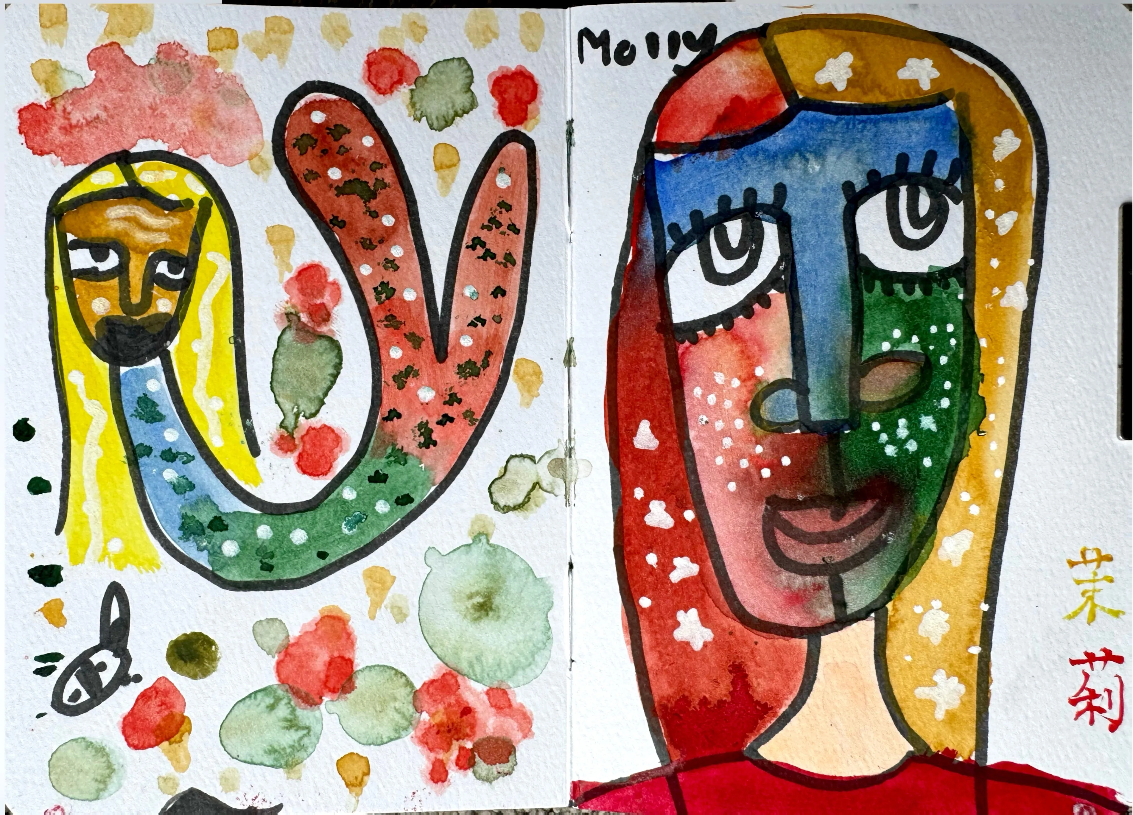 Two colourful abstract portraits rendered in bold black outlines and multicoloured watercolour washes, one smaller on the left and one larger labelled 'Molly' on the right, with scattered floral and dot motifs throughout.
