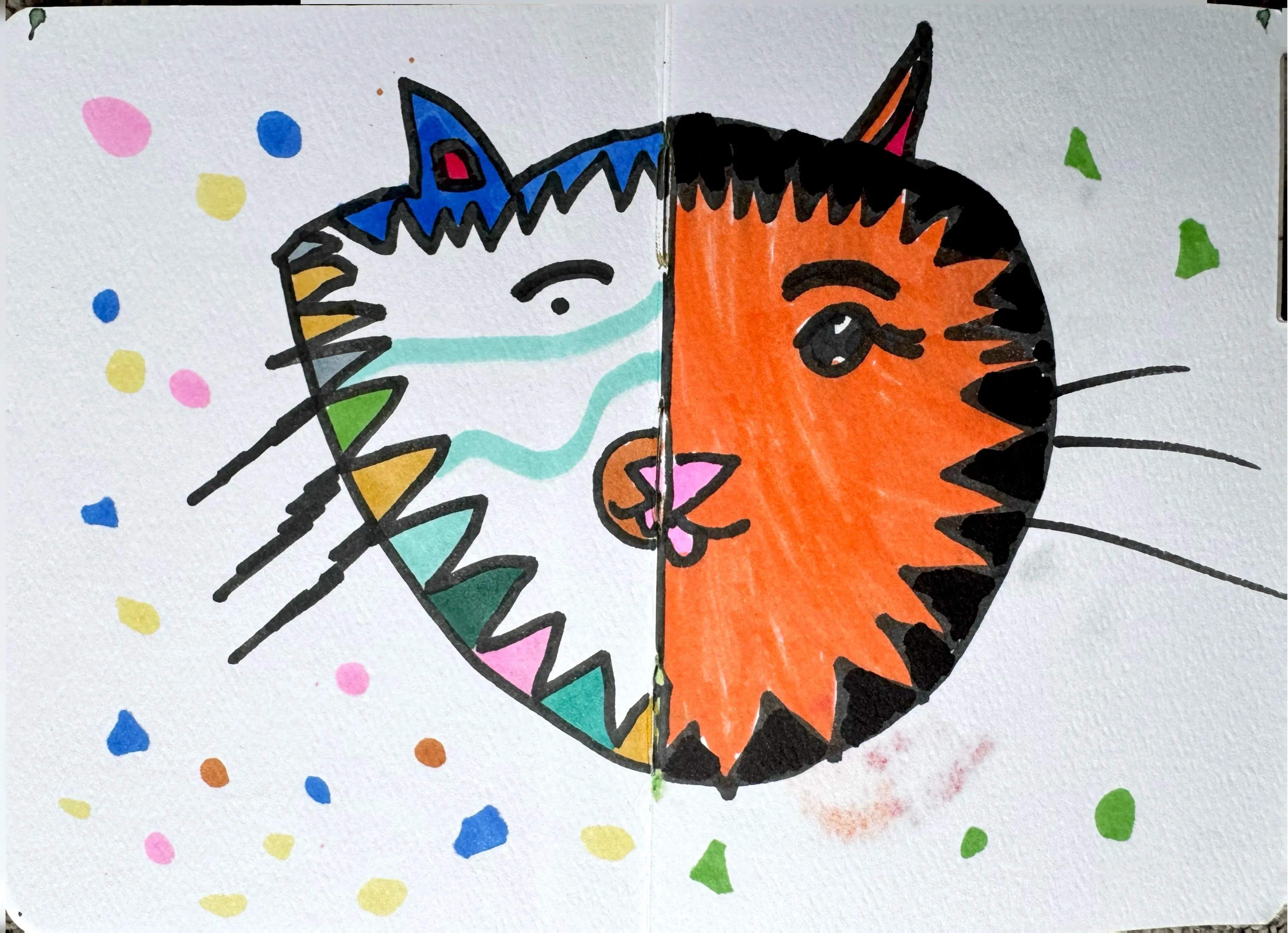 A split-face illustration of a fantastical cat, the left half rendered in an abstract multicoloured geometric style and the right half as a realistic orange tabby, surrounded by colourful confetti-like dots on white paper.