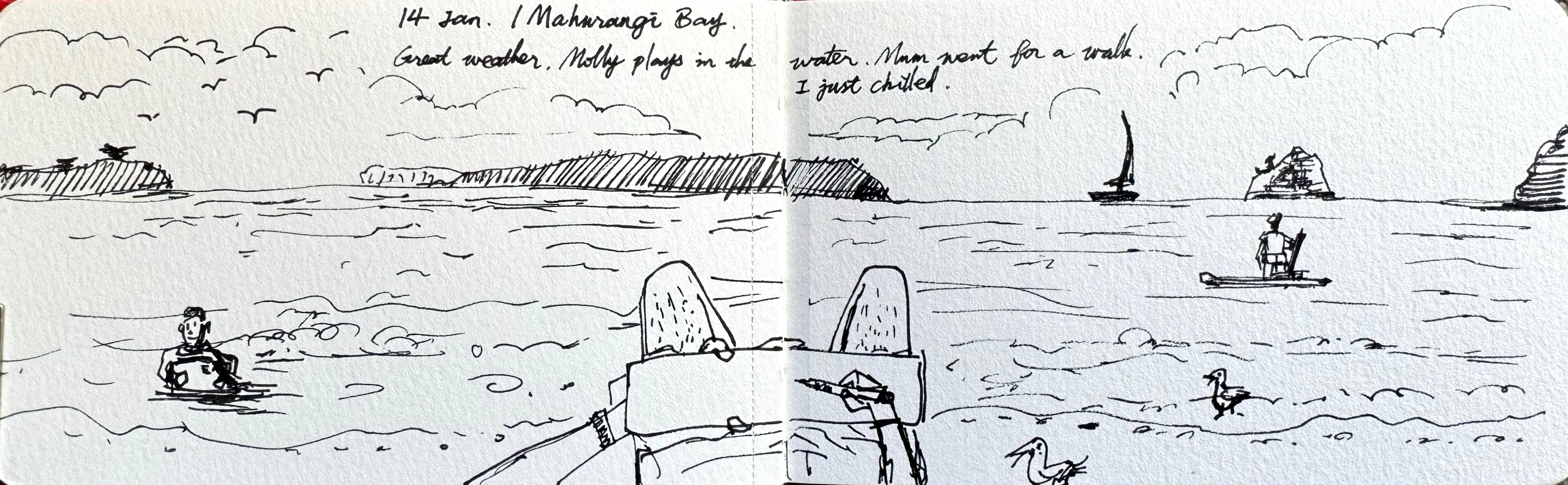 A pen sketch of Mahurangi Bay showing figures in the water, a sailboat, rocky outcrops, seabirds, and cumulus clouds, with a handwritten diary note dated 14 January.