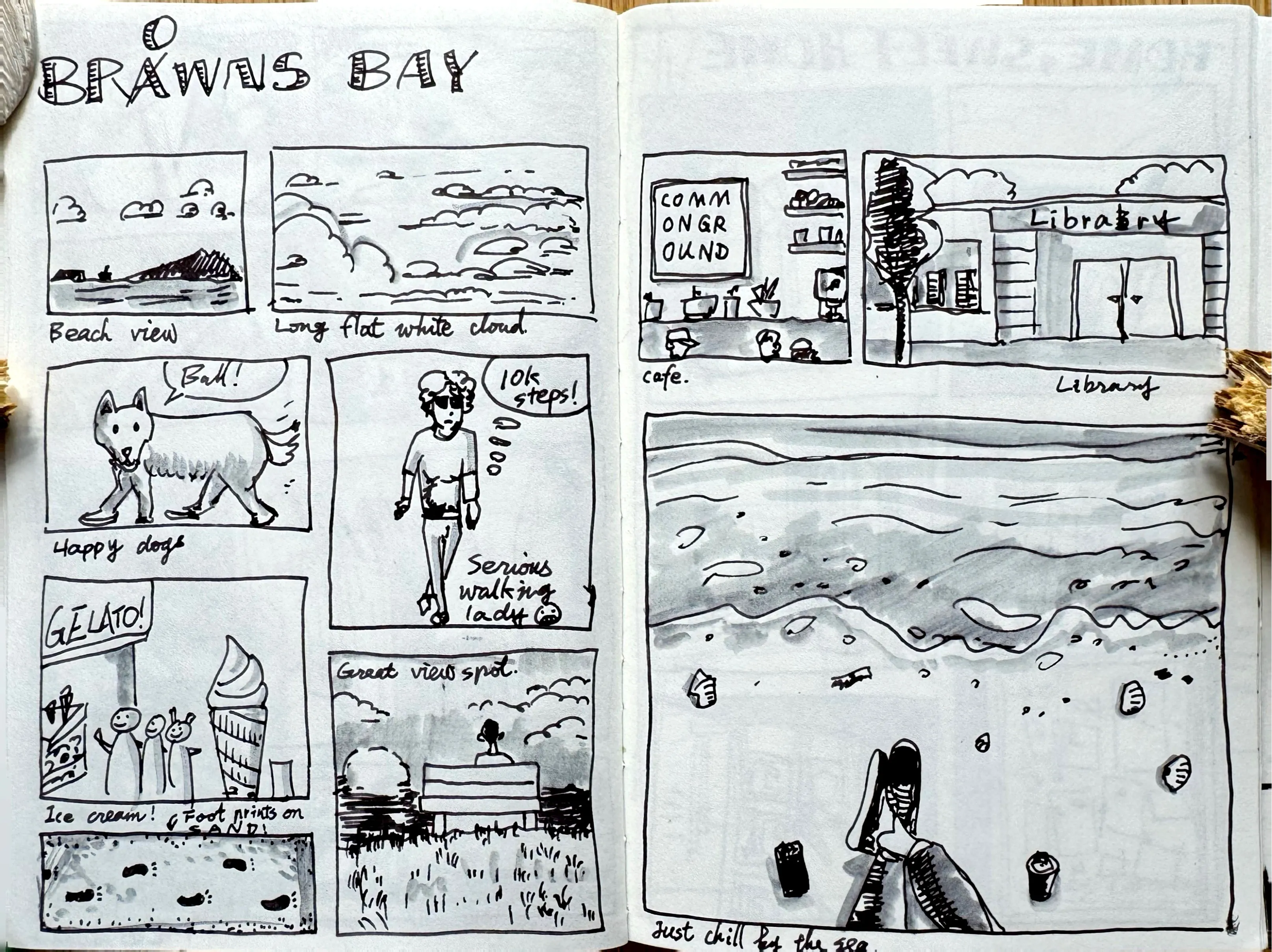 A two-page sketchbook spread documenting a visit to Browns Bay, featuring comic-style panels of beach views, a happy dog, a walking figure, gelato, a café, a library, and a large panoramic view of the sea with the artist's feet in the foreground.