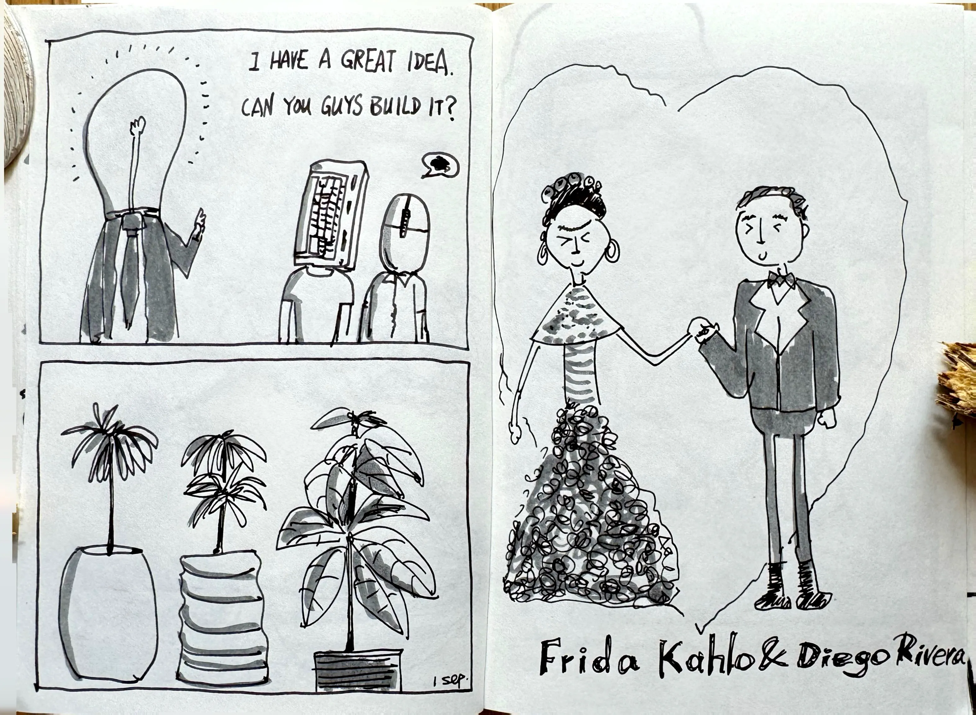 A two-page sketchbook spread featuring a comic strip about a light-bulb-headed figure asking computer-headed colleagues to build an idea, three potted plants below, and a romantic portrait of Frida Kahlo and Diego Rivera holding hands inside a heart shape.