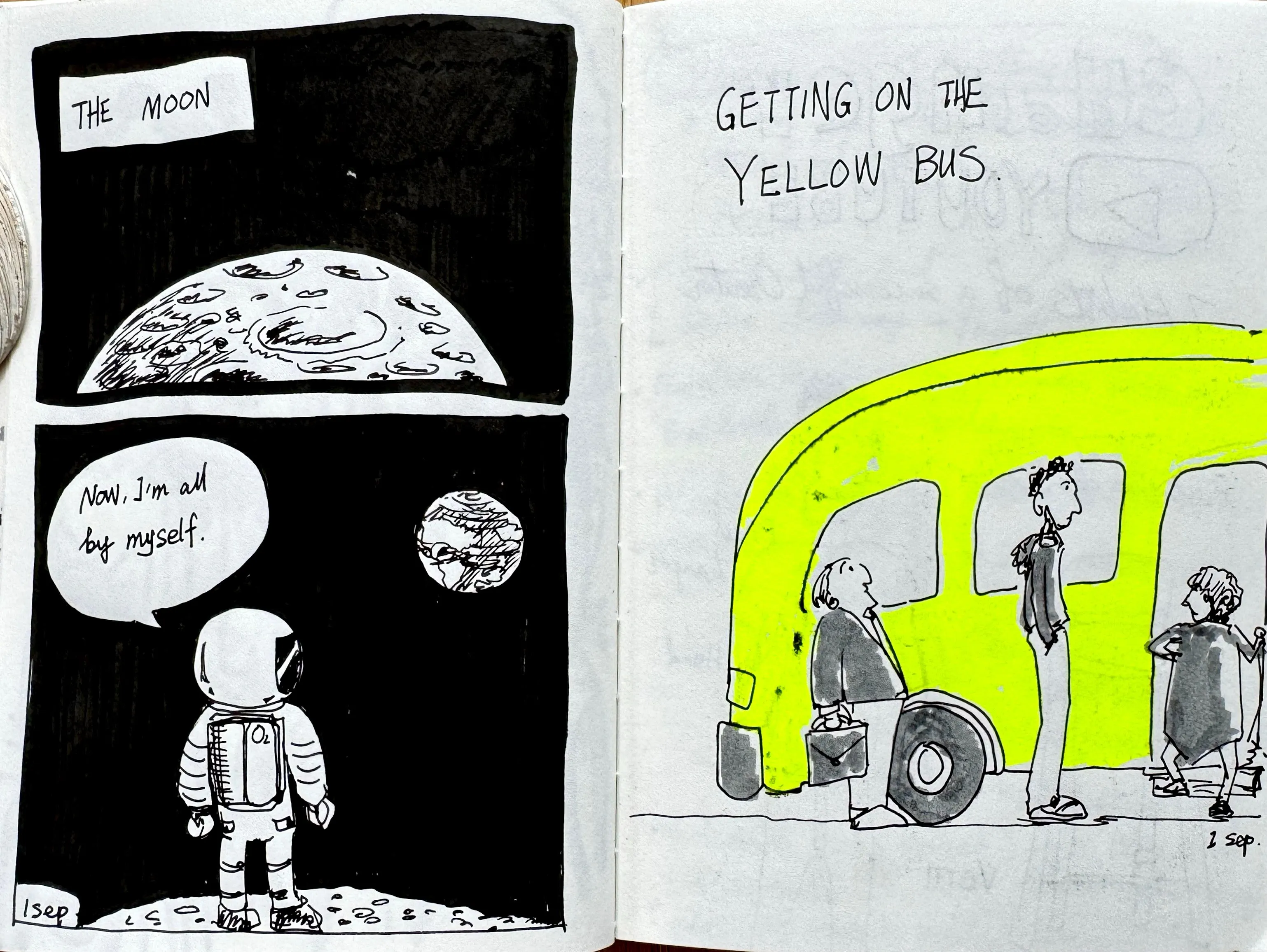 A two-page sketchbook spread featuring a two-panel comic of an astronaut alone on the moon viewing Earth, and a separate illustration of people boarding a bright yellow-green bus.